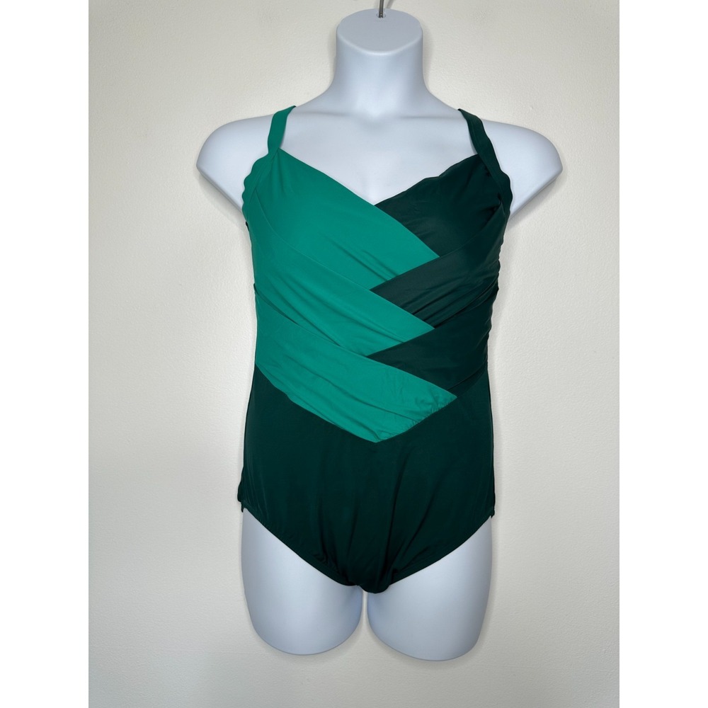 Lands End Slender Suit Swimsuit One Piece Size 16W Emerald Green Pleated‎
